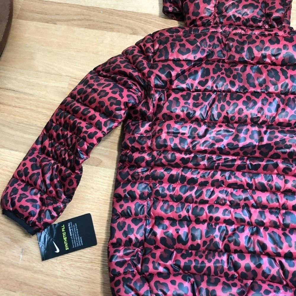 Nike Leopard Puffer Jacket NWT Sz 6 Pink Red Black Kids Girls Hooded Full Zip